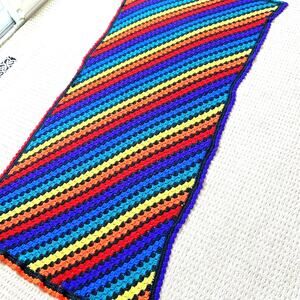 Handmade crochet afghan throw blanket black & bright colors acrylic mod retro